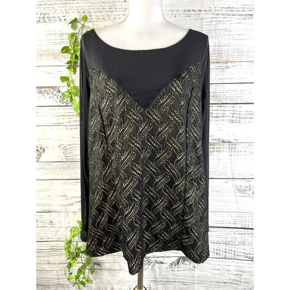 Ashley Stewart Blouse Plus 18 20 Black Gold Mesh Cocktail Evening Wedding Slim - Picture 1 of 11